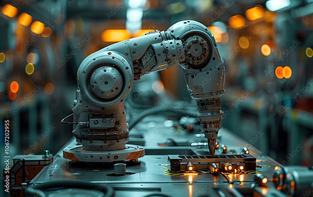 Aufkleber A robotic arm operates in an industrial setting, showcasing advanced technology amidst a backdrop of illuminated machinery.