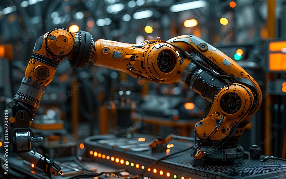 Aufkleber an industrial robotic arm in an automated environment, featuring intricate design and glowing lights