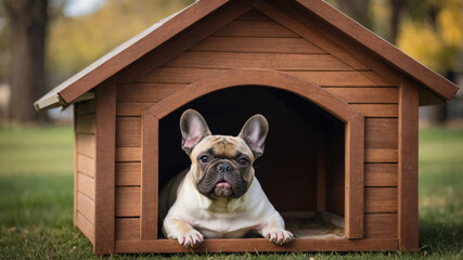 Naklejka na ściany i meble French bulldog relaxing in wooden doghouse on a sunny day in a park