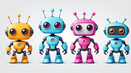 Obraz premium Four colorful cartoon robots with large eyes and antennas standing in a row against a light background