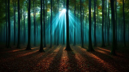 Naklejka premium Sunlight illuminates a serene forest grove