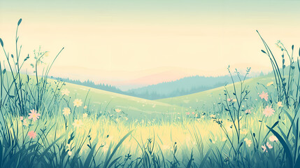 Obraz premium A vibrant meadow with wildflowers and a hazy mountain range in the background, bathed in the soft light of sunrise or sunset.