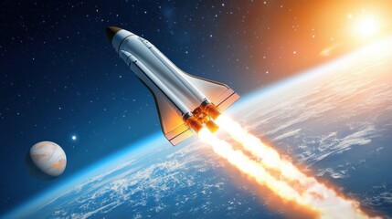 Fototapeta premium Sleek Rocket Launching from Futuristic Spaceport