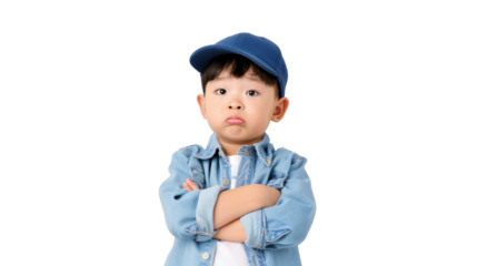 A young boy with crossed arms, wearing a denim jacket and cap.