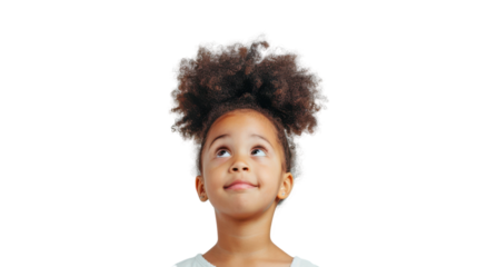 A young girl with curly hair looking upwards, isolated background.