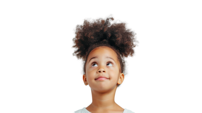 A young girl with curly hair looking upwards, isolated background.