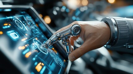 Fototapeta premium Robot Operator Adjusting High-Tech Digital Interface