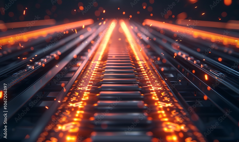 Poster a glowing, metallic pathway with bright, fiery sparks traveling along rails, creating a futuristic a
