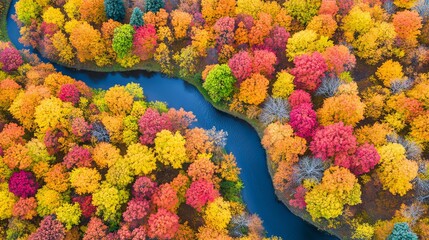 Aerial view of vibrant autumn forest landscape with colorful trees and winding river. 