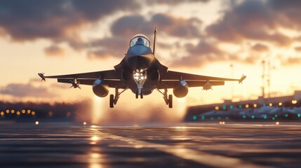 Naklejka premium Futuristic Jet Fighter Taking Off Vertically at Sunset