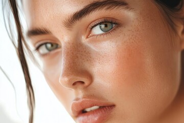 Fototapeta premium Intimate portrait of a woman's visage showcasing her radiant complexion and simple skincare routine. Natural model captures the spirit of elegance, fashion, appearance, and self-pampering techniques