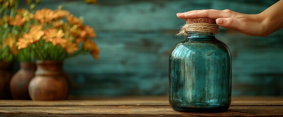Hand Gently Resting on a Vintage Glass Jar with Cork Lid