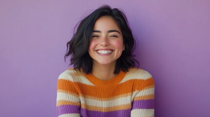Fototapeta premium Cute woman with big smile, striped shirt, soft pastel purple background in a vibrant setting