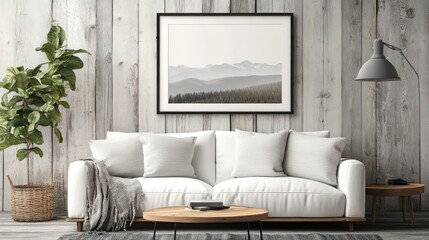 White Sofa in a Rustic Living Room with Framed Mountain Landscape