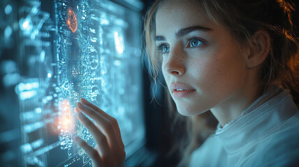 A Young Woman Interacts With a Futuristic Digital Interface in an Advanced Lab. Generative AI