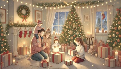 A Joyful Christmas Morning with a Family Unwrapping Gifts in a Cozy Living Room
