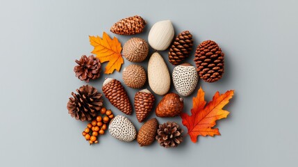 Autumnal arrangement of pine cones, leaves and berries in a circle on a gray background.