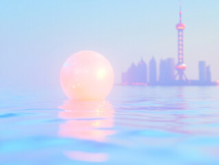  a large, floating, spherical moon in the middle of sea, with a Shanghai city skyline visible in the background under a light blue sky.