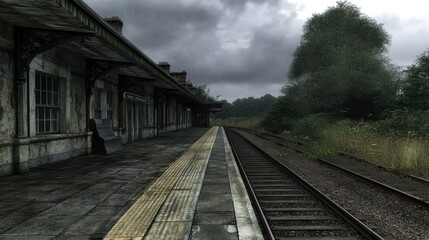 Fototapeta premium Deserted Station - Abandoned, empty station with weathered platforms and an eerie atmosphere.