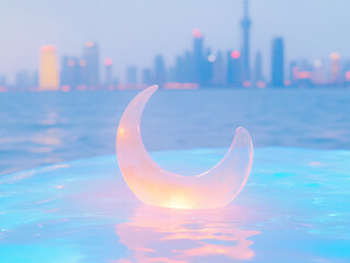  a large, floating, spherical moon in the middle of sea, with a Shanghai city skyline visible in the background under a light blue sky.