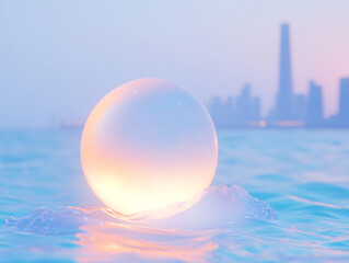  a large, floating, spherical moon in the middle of sea, with a Shanghai city skyline visible in the background under a light blue sky.