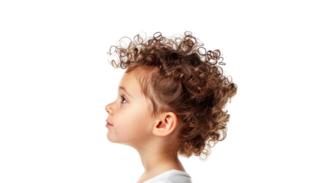 Child profile with curly hair, isolated on white background