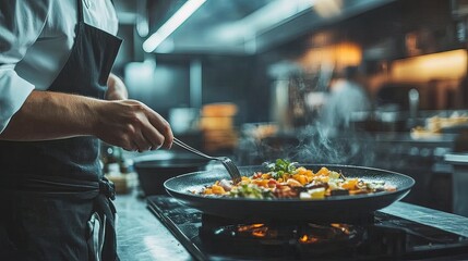 Close-up of a professional chef plating a gourmet dish in a high-end restaurant kitchen.