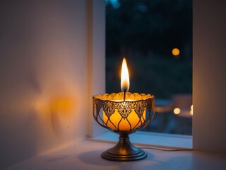 Fototapeta premium Warm candle light shines through a decorative holder in a dimly lit environment during the evening.