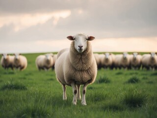 Obraz premium A sheep stands in a lush green field with grazing flock in the background under a cloudy sky.