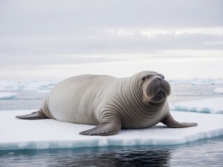 Fototapeta premium Walrus resting on ice floe in icy waters during cloudy weather.