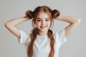 Fototapeta premium Cute Girl Smiling with Pigtails, Wearing White Short Sleeves, Posed on Light Gray Background