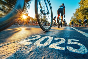 Shiny "2025" on cycling track with racing bicycle and blurred cyclists in background, dynamic energy.

