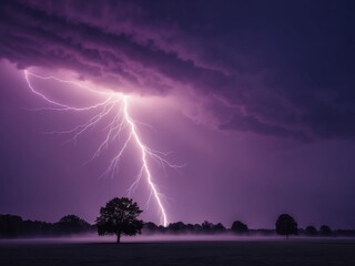 Spectacular lightning illuminates a purple stormy sky during a summer night over a quiet landscape.