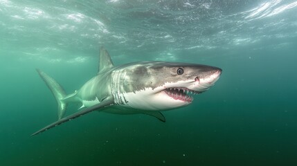 Naklejka premium Majestic Great White Shark Swimming Underwater