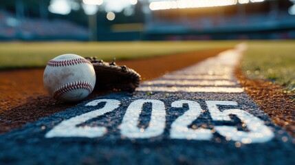 White "2025" on baseball field with baseball and glove near home plate, stadium lights and blurred fans.

