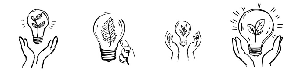 Fototapeta premium A modern doodle logo with an eco green energy icon depicting a hand and a leaf bulb