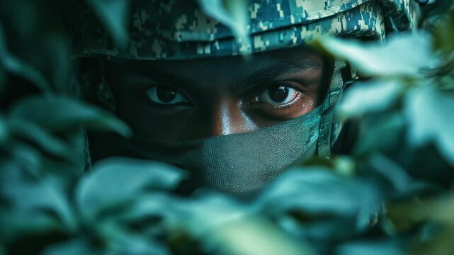 Hidden in Plain Sight - A SWAT team member strategically hiding behind a tree or other cover, prepared for an ambush or surprise attack