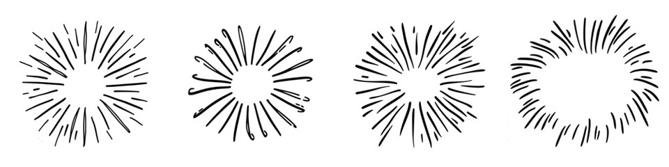 Fototapeta premium Icon of a vintage sunburst. Hand drawn illustration sign of an explosion. Element Fireworks. Black Rays.