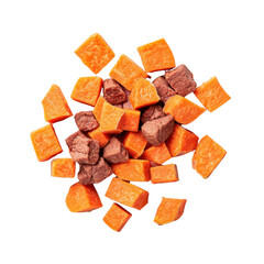 Chopped sweet potato and beef pieces on white isolated background