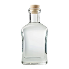Clear glass bottle with a wooden cork on a white background