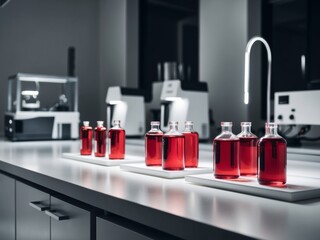 Red liquid samples in laboratory during nighttime testing processes.