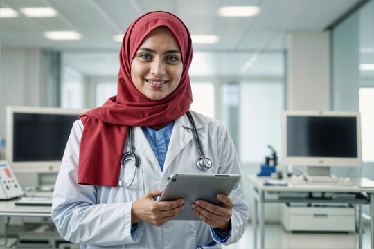 Portrait of happy Arabian female doctor in red hijab using digital tablet and looks at the camera at office. Healthcare doctor in white coat prescribing medicines