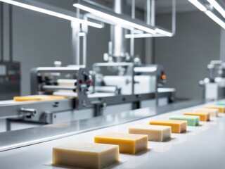 Soap production process in a factory with automated machinery.