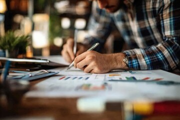 Fototapeta premium Business professional analyzing charts and graphs while developing a marketing plan, highlighting strategy and data-driven decision making