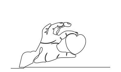 kindness care heart.Continuous line drawing of hand holding heart. protect our planet or earth, and it is humanity's responsibility to care for the concept of Kindness Day. Helping Hands in Heart 