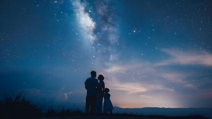 Fototapeta premium Silhouetted figures gazing at mesmerizing night sky with Milky Way and starry galaxy landscape