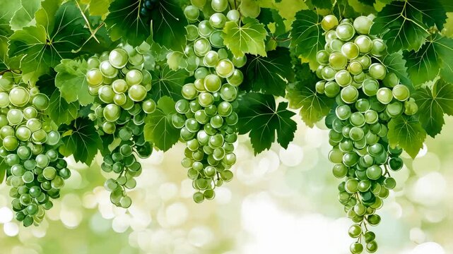 A bunch of ripe green grapes hang from a vine in a vineyard on a sunny day
