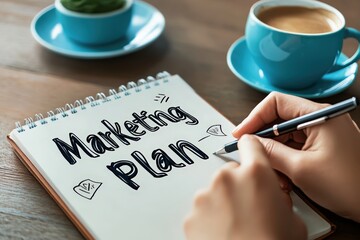 Person drafting a marketing plan in a notebook while enjoying a latte with artful foam design, representing focused planning and creativity