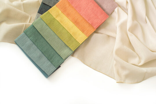 Bright colorful fabric with texture for home decor. Fabric samples for curtains and tulles