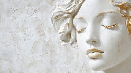 Elegant head of Venus, with subtle golden accents on plaster, against a minimalistic white backdrop